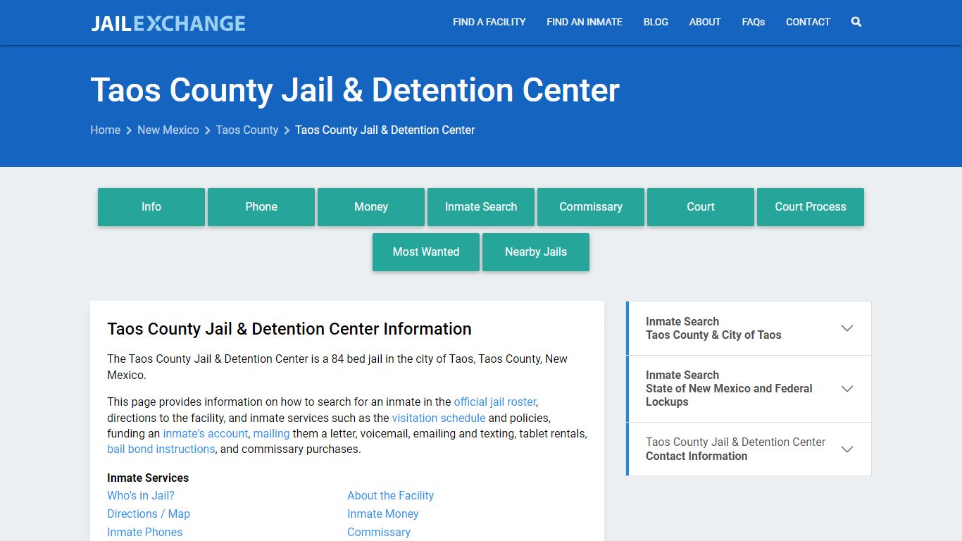 Taos County Jail & Detention Center, NM Inmate Search, Information